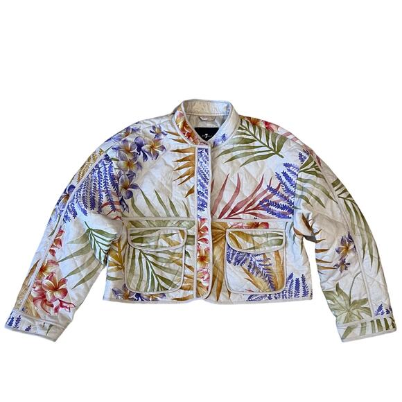 7 for All Mankind Floral Print Crop Quilted Bomber Jacket 100% Cotton Size L - Picture 1 of 5